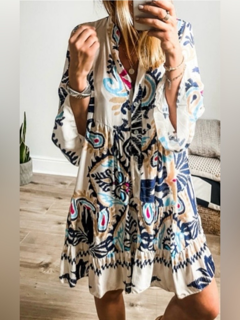 Amaryllis Boho Floral Print Button-Down Tiered Mini Dress 3/4 Bell sleeve Sz S